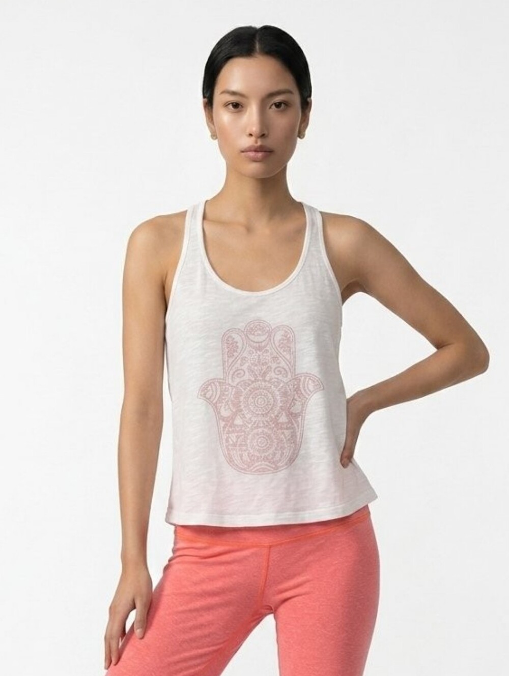 White Racerback Tank with Pink Hamsa Graphic